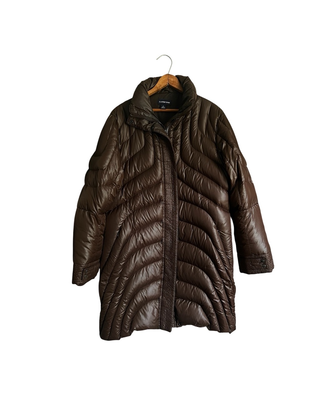 Lands End Chocolate Brown women’s down jacket long size large 14-16